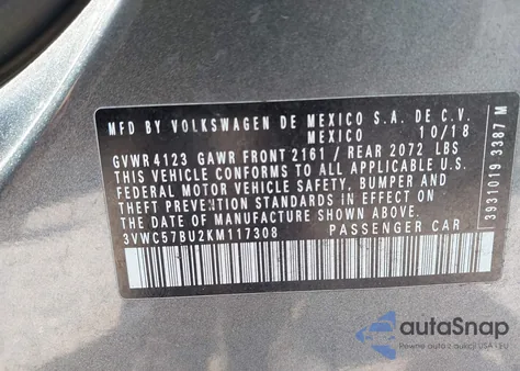 2019 Volkswagen Jetta 1.4T R-Line/1.4T S/1.4T Se из США, поврежденный, VIN 3VWC57BU2KM117308